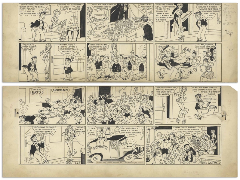 Chic Young Hand-Drawn ''Blondie'' Sunday Comic Strip From Christmas, 1932 Featuring Blondie, Her Boyfriend Hiho & a Children's Party